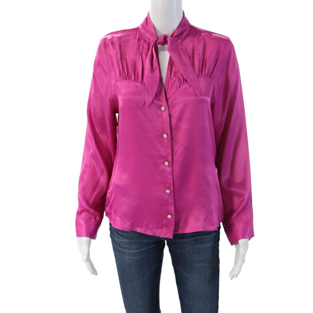 Zara Women High Neck Solid Pink Button Up Long Sleeve Blouse Viscose Size S